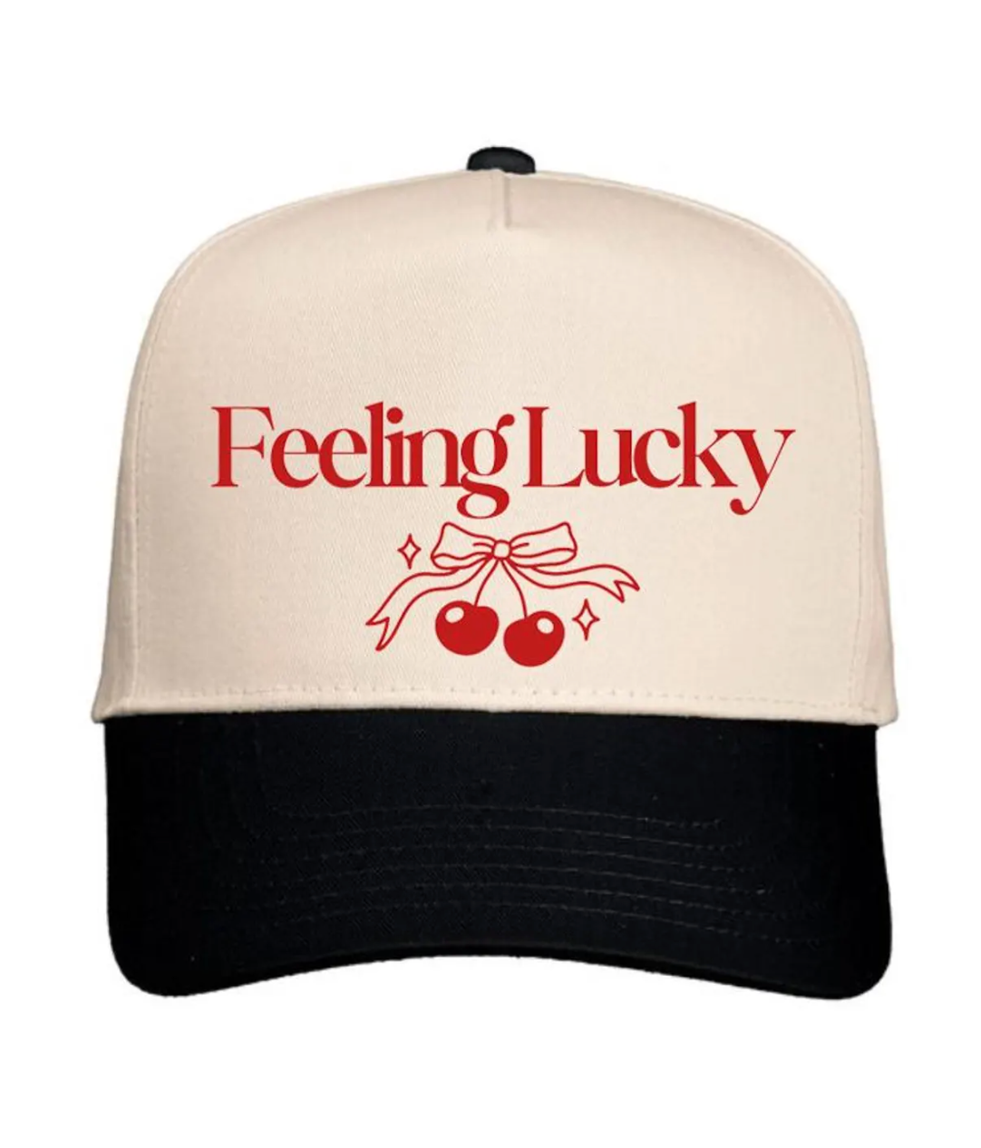 Beige and black cap with 'Feeling Lucky' text and cherry design on a white background