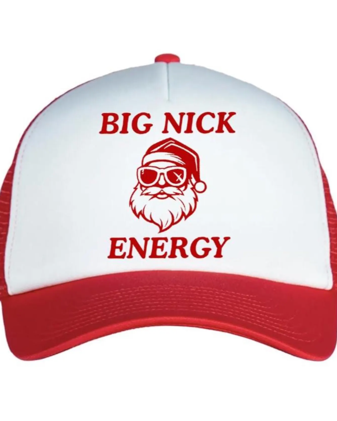 Red and white cap with 'BIG NICK ENERGY' text and Santa Claus graphic on a white background