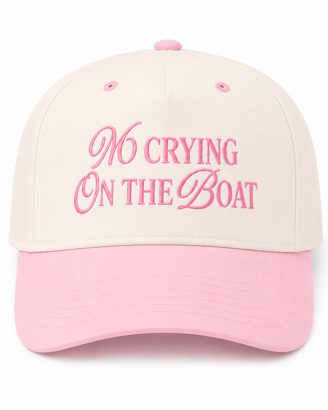 Cap with 'No Crying on the Boat' text in pink on a white background