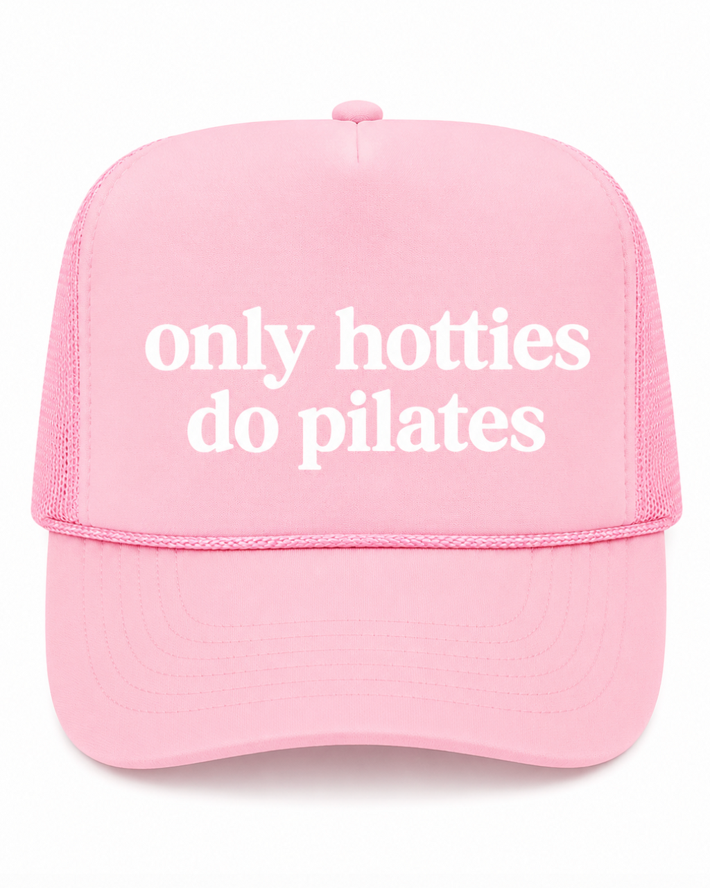 Pink cap with 'only hotties do pilates' text on a white background