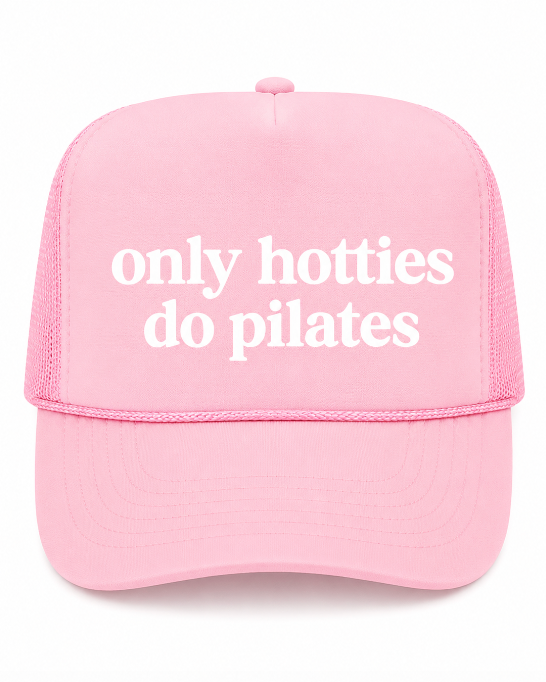 Pink cap with 'only hotties do pilates' text on a white background