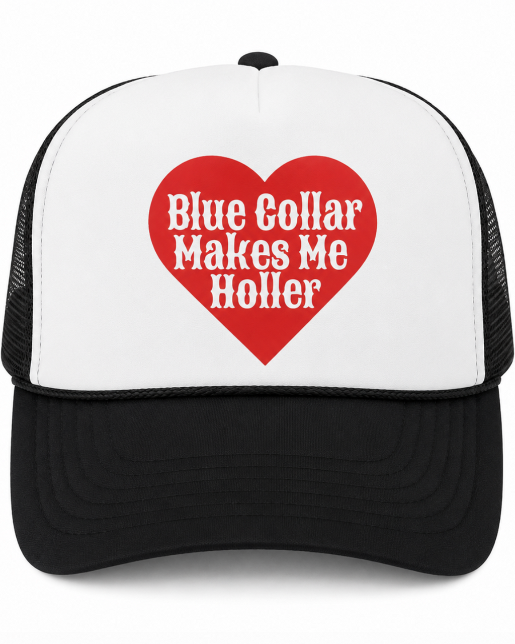 Trucker hat with a red heart and text 'Blue Collar Makes Me Holler' on a white background