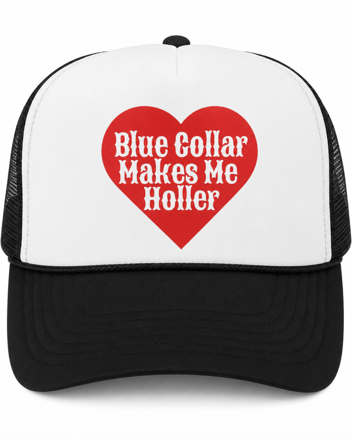 Trucker hat with a red heart and text 'Blue Collar Makes Me Holler' on a white background