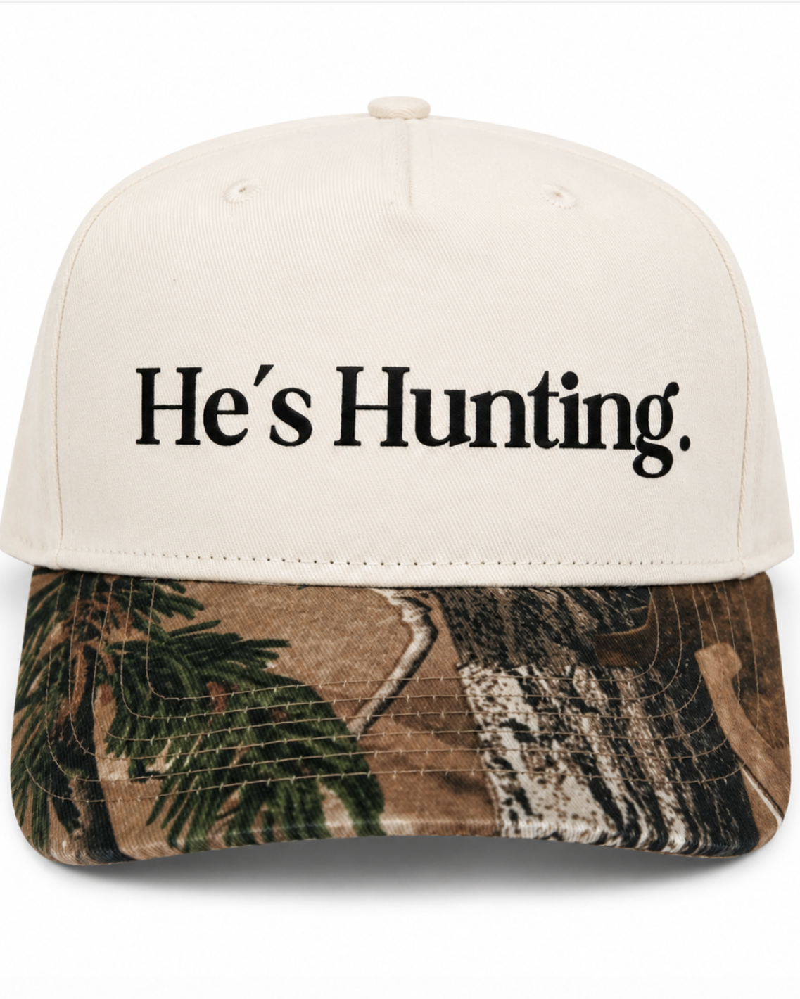 Cap with 'He's Hunting' text on a white background