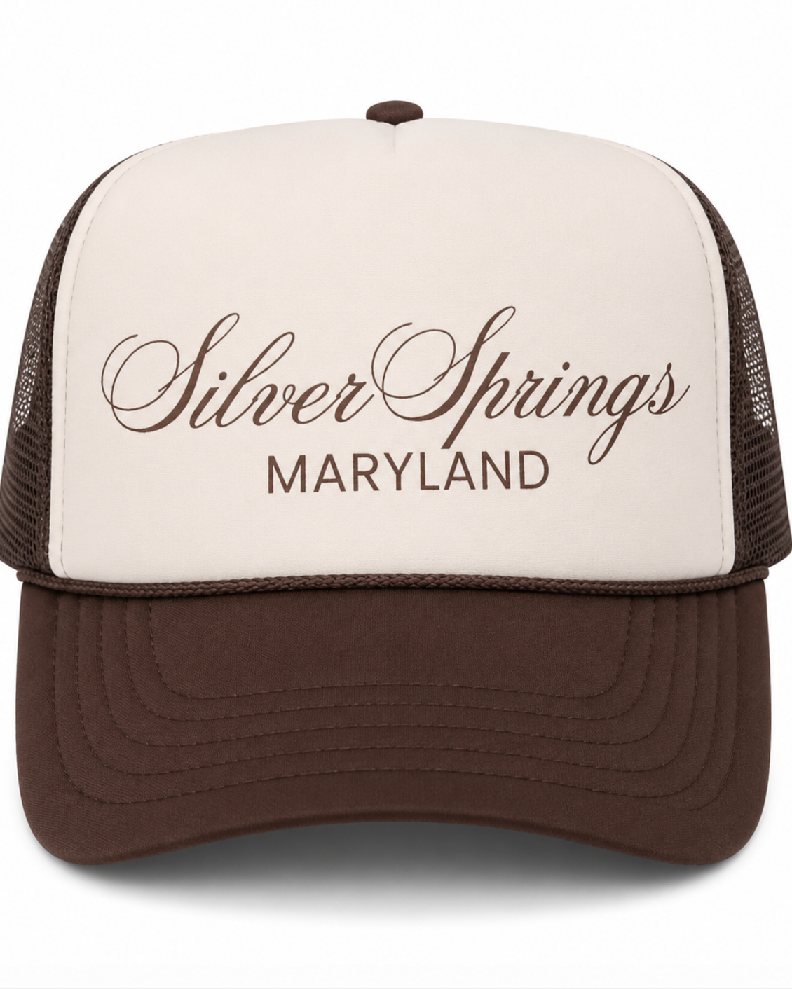 Trucker hat with 'Silver Springs Maryland' text on a white background