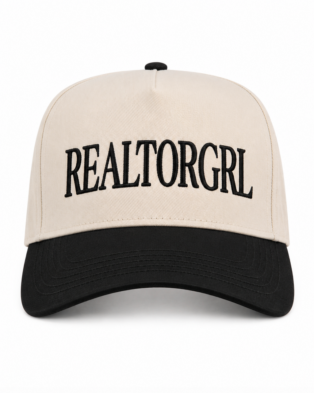 Beige and black cap with 'REALTORGRL' text on a white background