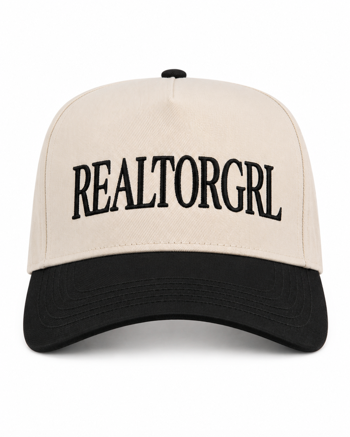 Beige and black cap with 'REALTORGRL' text on a white background