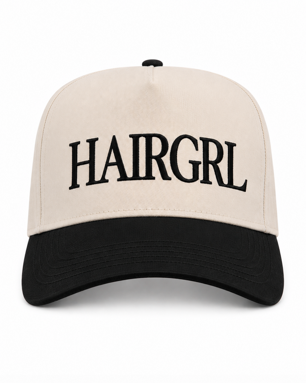 Beige and black cap with 'HAIRGRL' text on a white background
