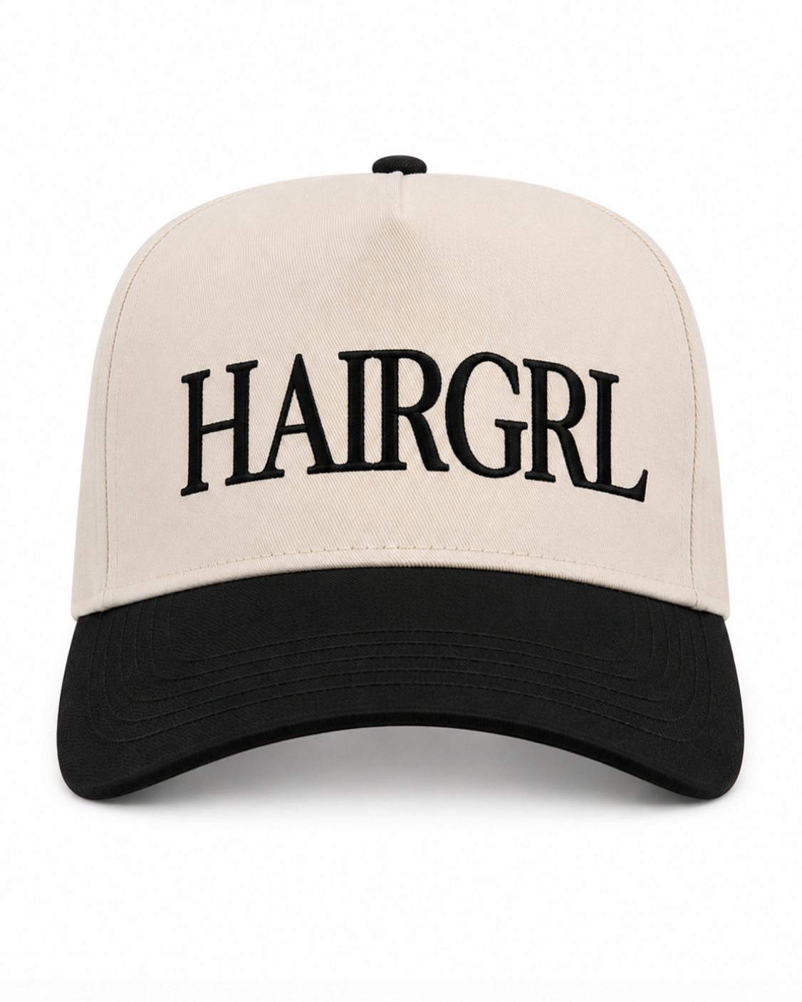 Beige and black cap with 'HAIRGRL' text on a white background