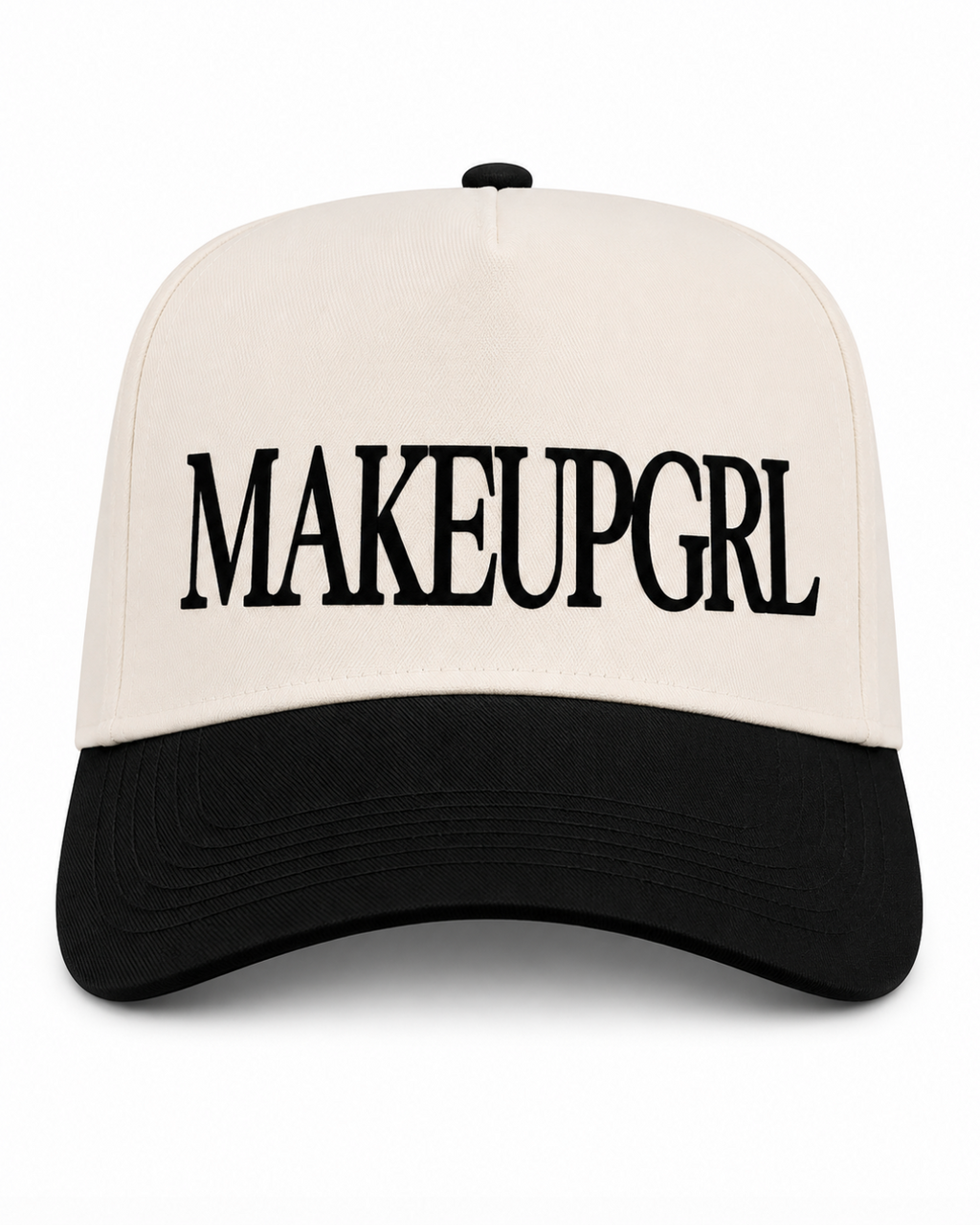 Cap with 'MAKEUPGRL' text on a white background