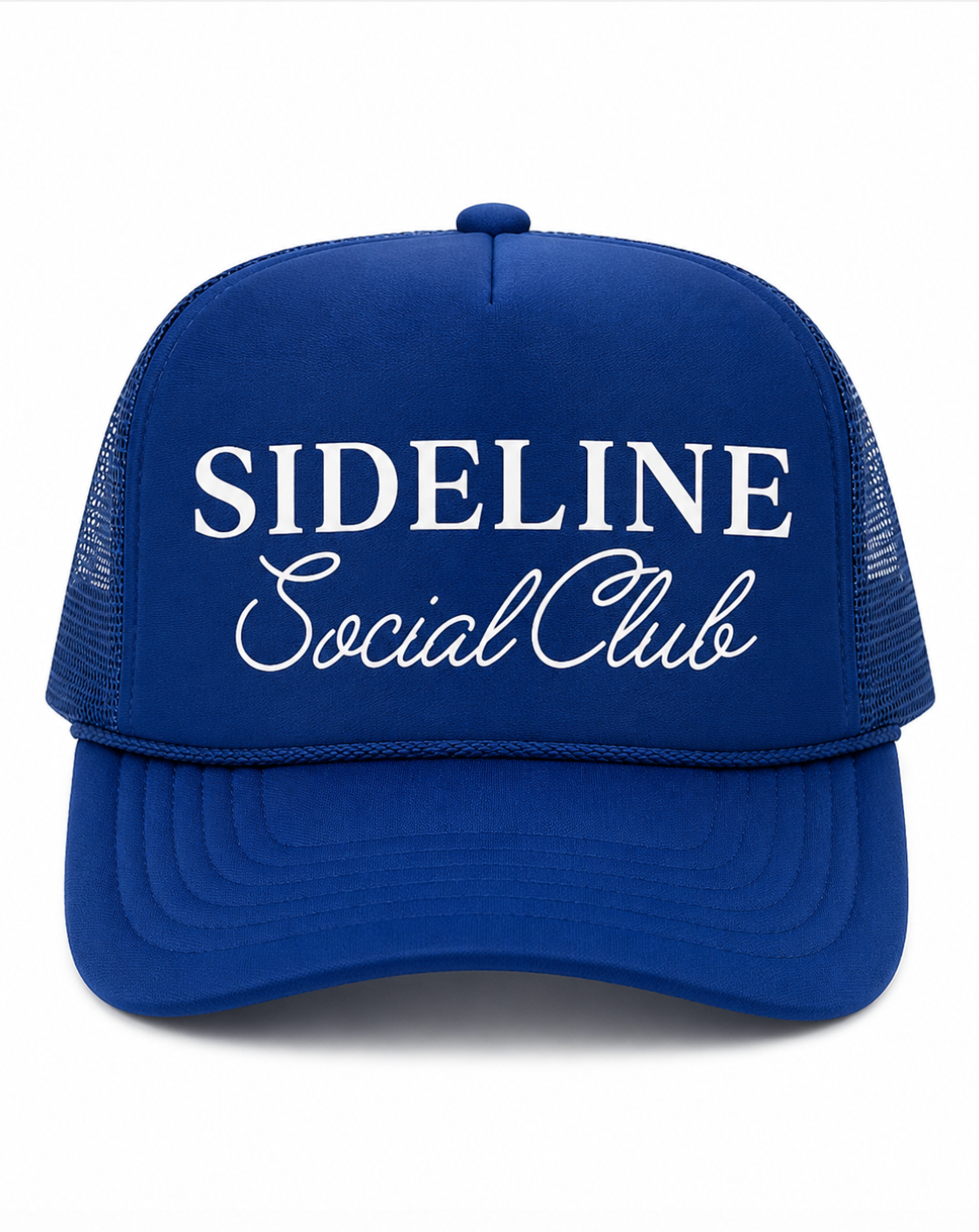 A royal blue trucker hat with white embroidered text reading 'SIDELINE Social Club' on the front, shown against a plain white background.
